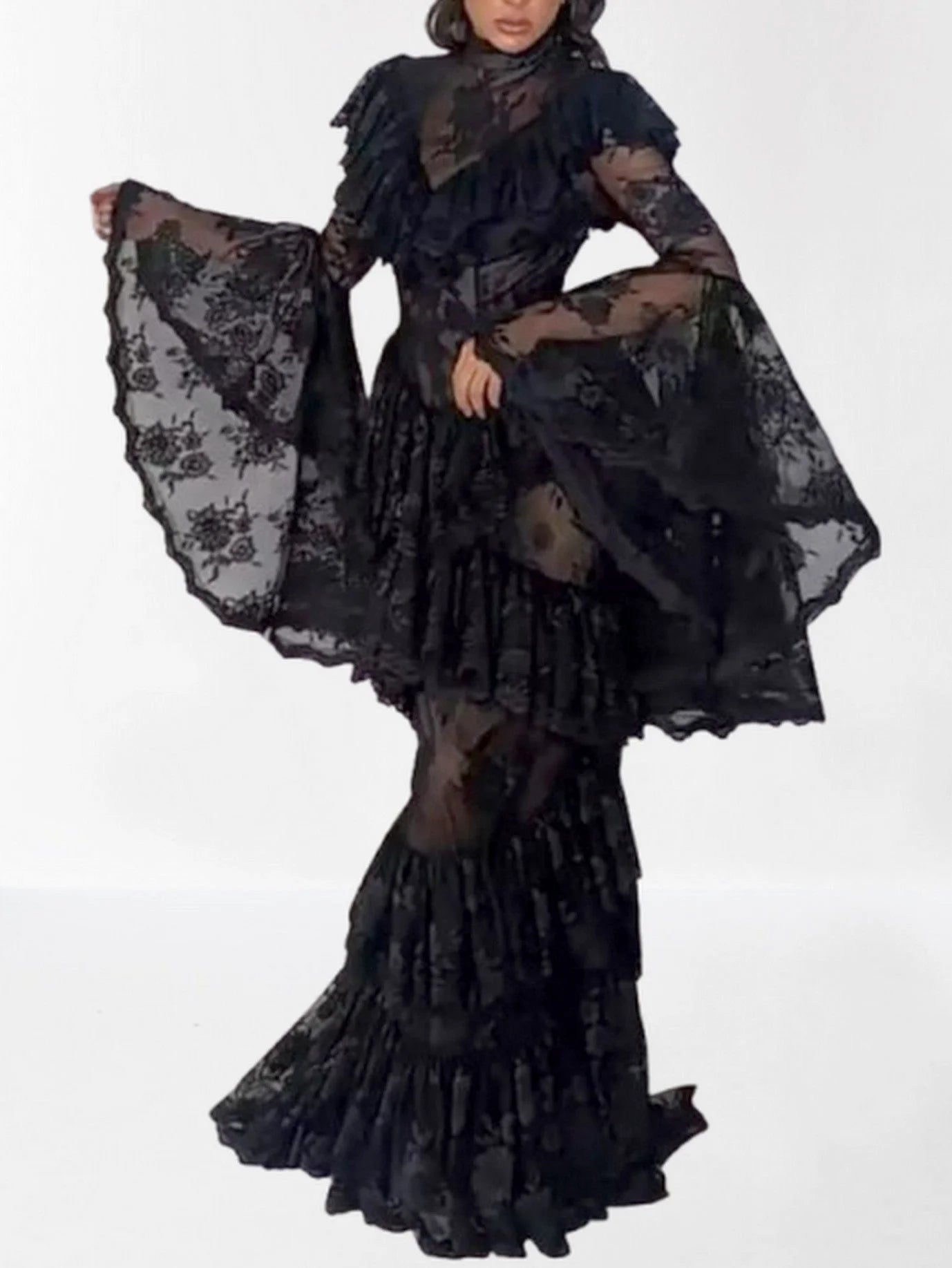 Ruffle Tiered Paneled Lace Maxi Dress Dresses