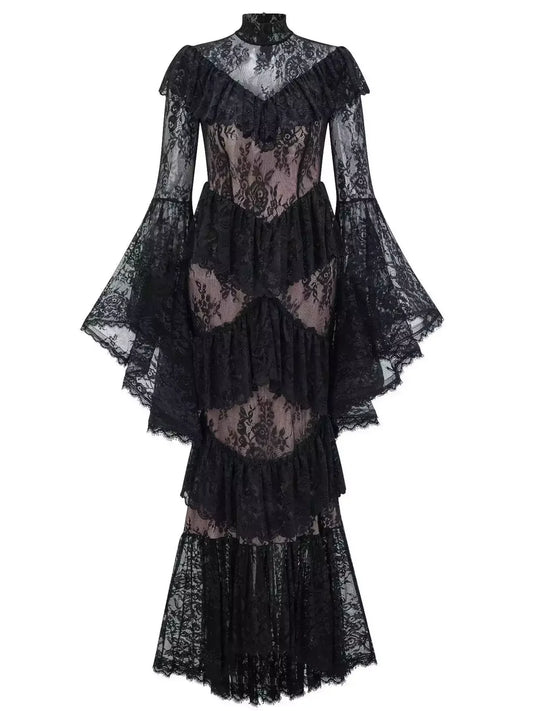 Ruffle-Tiered Paneled Lace Maxi Dress - Dresses