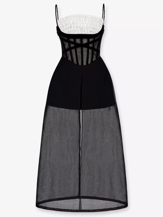 Ruffle-Trim Corset Mesh Maxi Dress - Dresses