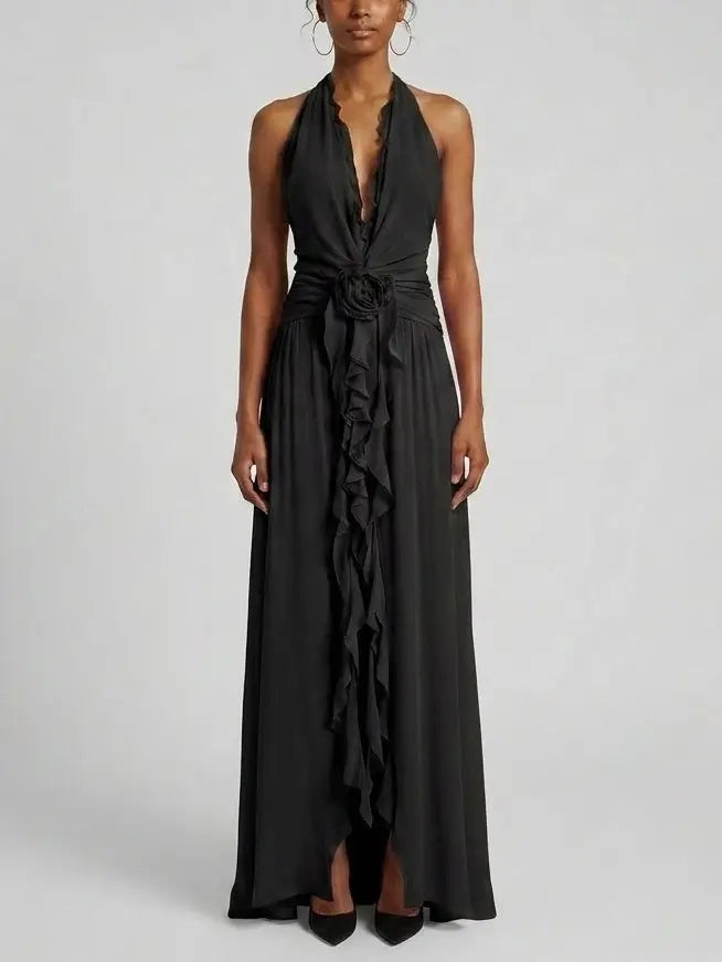 Ruffle Halter Open Back Maxi Dress in Pink and Black Ruffle Halter Open Back Maxi Dress in Pink and Black
