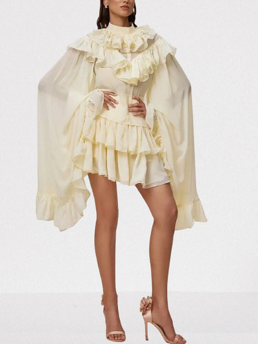 Ruffle Tiered Blouse and Skirt Set in Pale Yellow - Suits & Sets