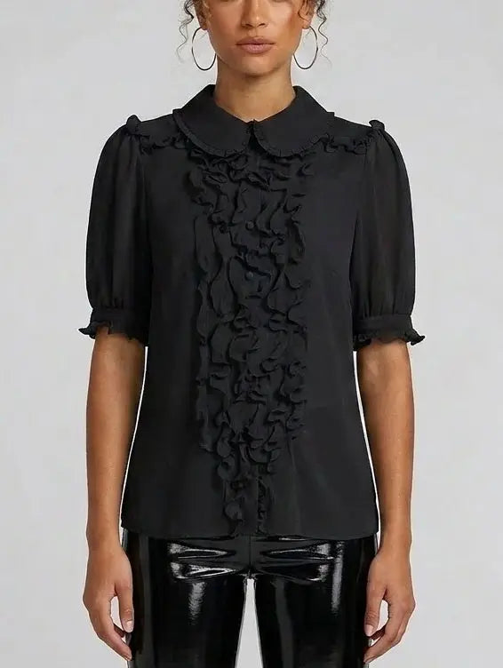 Ruffle Front Sheer Silk Short-Sleeve Blouse - S / Black - Tops