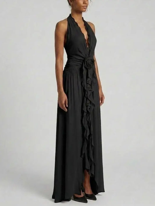 Ruffle Halter Open Back Maxi Dress - Dresses