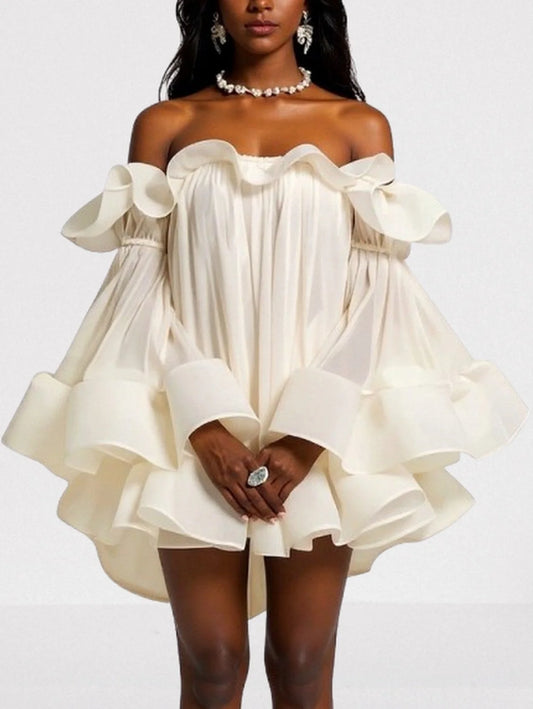 Ruffle Off Shoulder Flared Babydoll Mini Dress Dresses