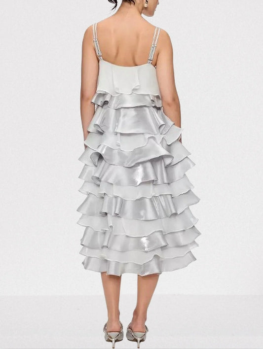 Ruffle Tiered Chiffon and Satin Midi Dress - Dresses