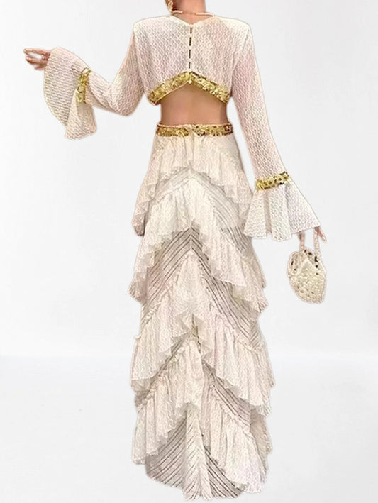 Ruffle Tiered Sequin Cut Out Lace Gown