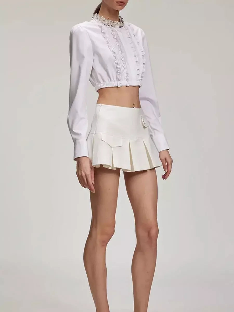 Ruffled Cropped White Shirt and Pleated Mini Skirt Set Suits & Sets