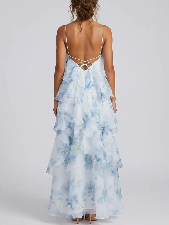 Ruffled Organza Halter Maxi Dress in Blue Floral Print - Dresses