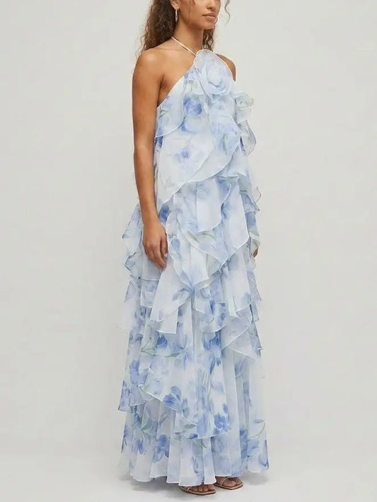 Ruffled Organza Halter Maxi Dress in Blue Floral Print - Dresses