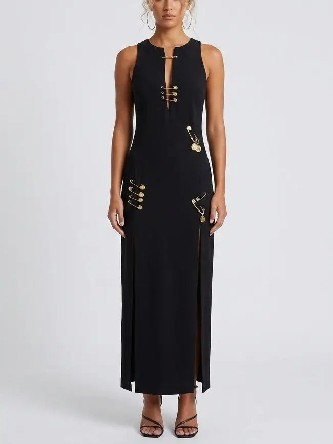 Safety Pin Detail Sleeveless Black Maxi Dress