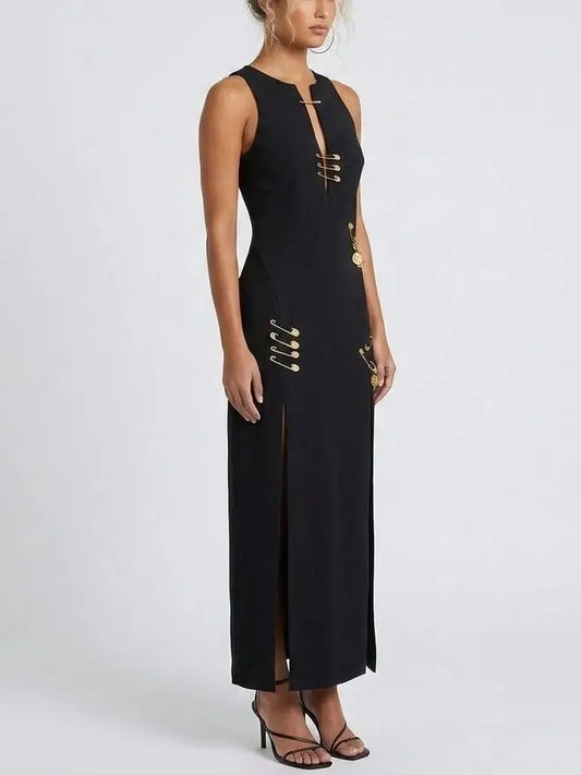 Safety Pin Detail Black Sleeveless Maxi Dress - Dresses