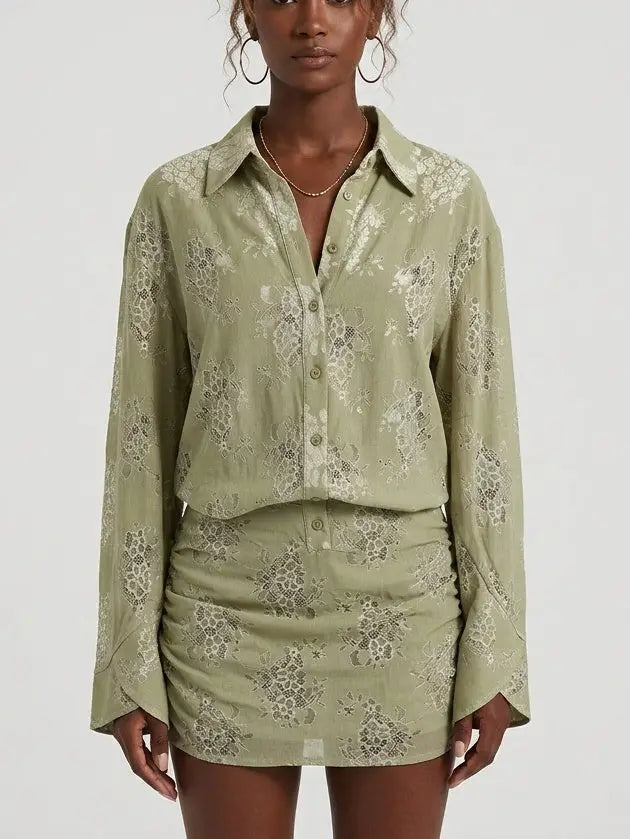 Sage Green Floral Lace Shirt Mini Dress - Dresses
