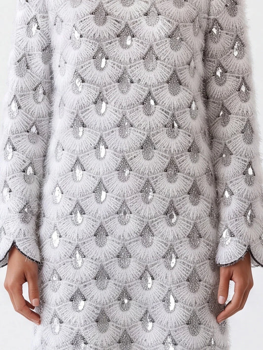 Scalloped Embroidered Dress with Silver Sequin Details - Dresses