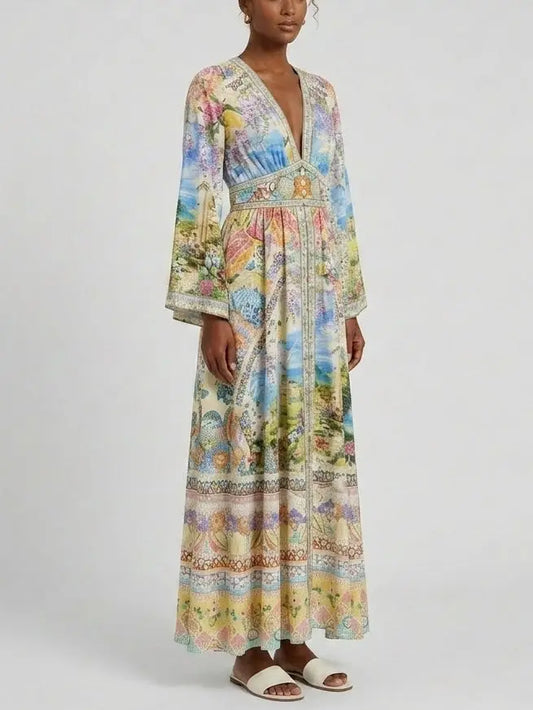 Scenic Print Silk Maxi Dress with Empire Waist - Dresses