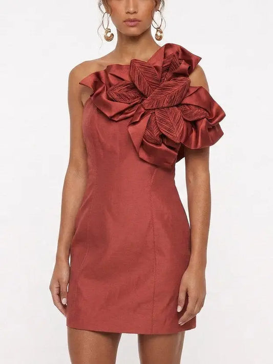 Sculptural Floral One Shoulder Mini Dress - Dresses