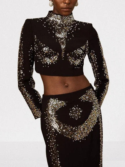 Sequin-Embellished Black Crop Top and Skirt Set - Suits & Sets