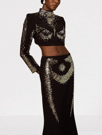 Sequin-Embellished Black Crop Top and Skirt Set - Suits & Sets
