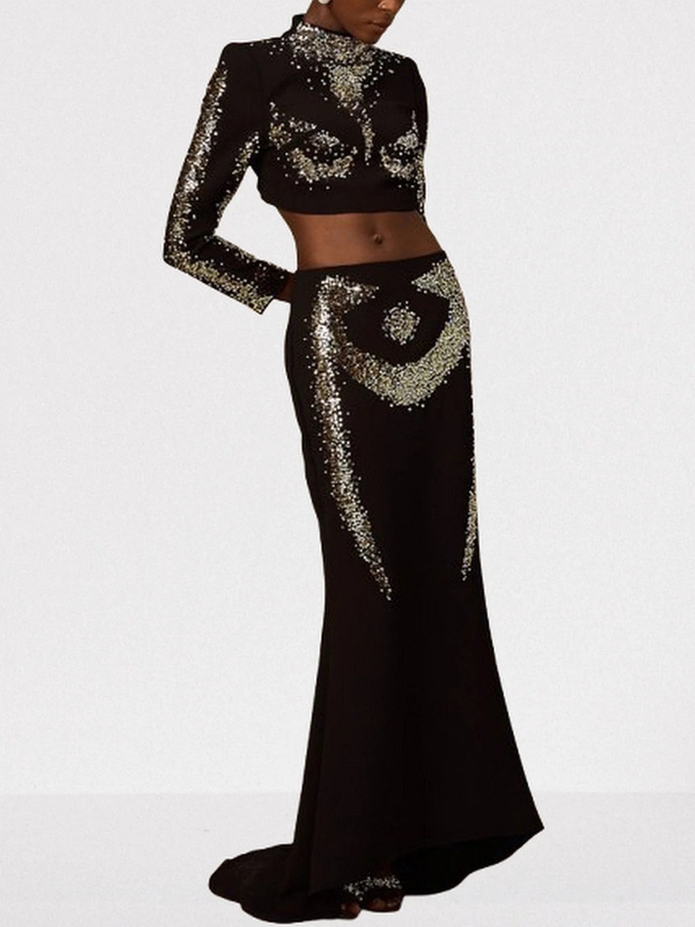Sequin-Embellished Black Crop Top and Skirt Set - Suits & Sets