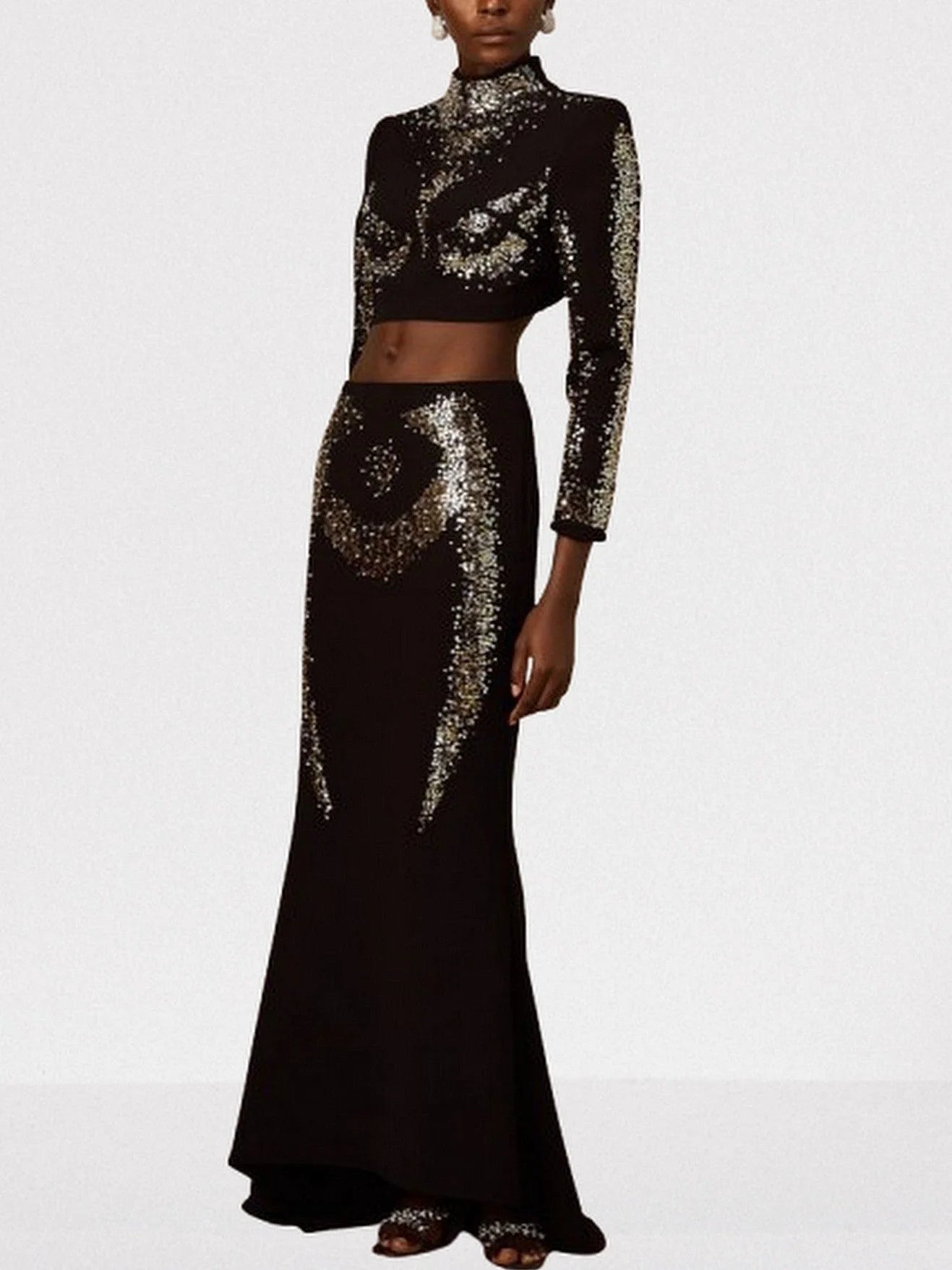 Sequin-Embellished Black Crop Top and Skirt Set - Suits & Sets