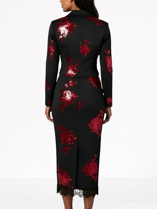 Sequin-Embellished Black Cropped Blazer and Skirt Set - Suits & Sets