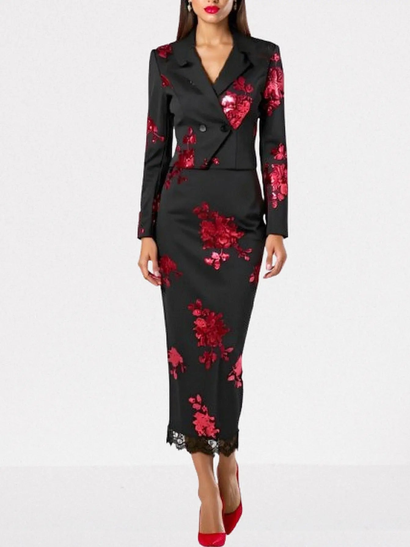 Sequin-Embellished Black Cropped Blazer and Skirt Set - Suits & Sets