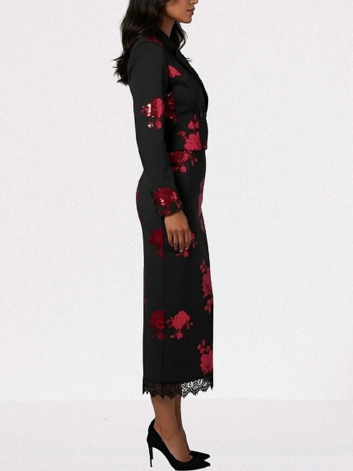 Sequin-Embellished Black Cropped Blazer and Skirt Set - Suits & Sets