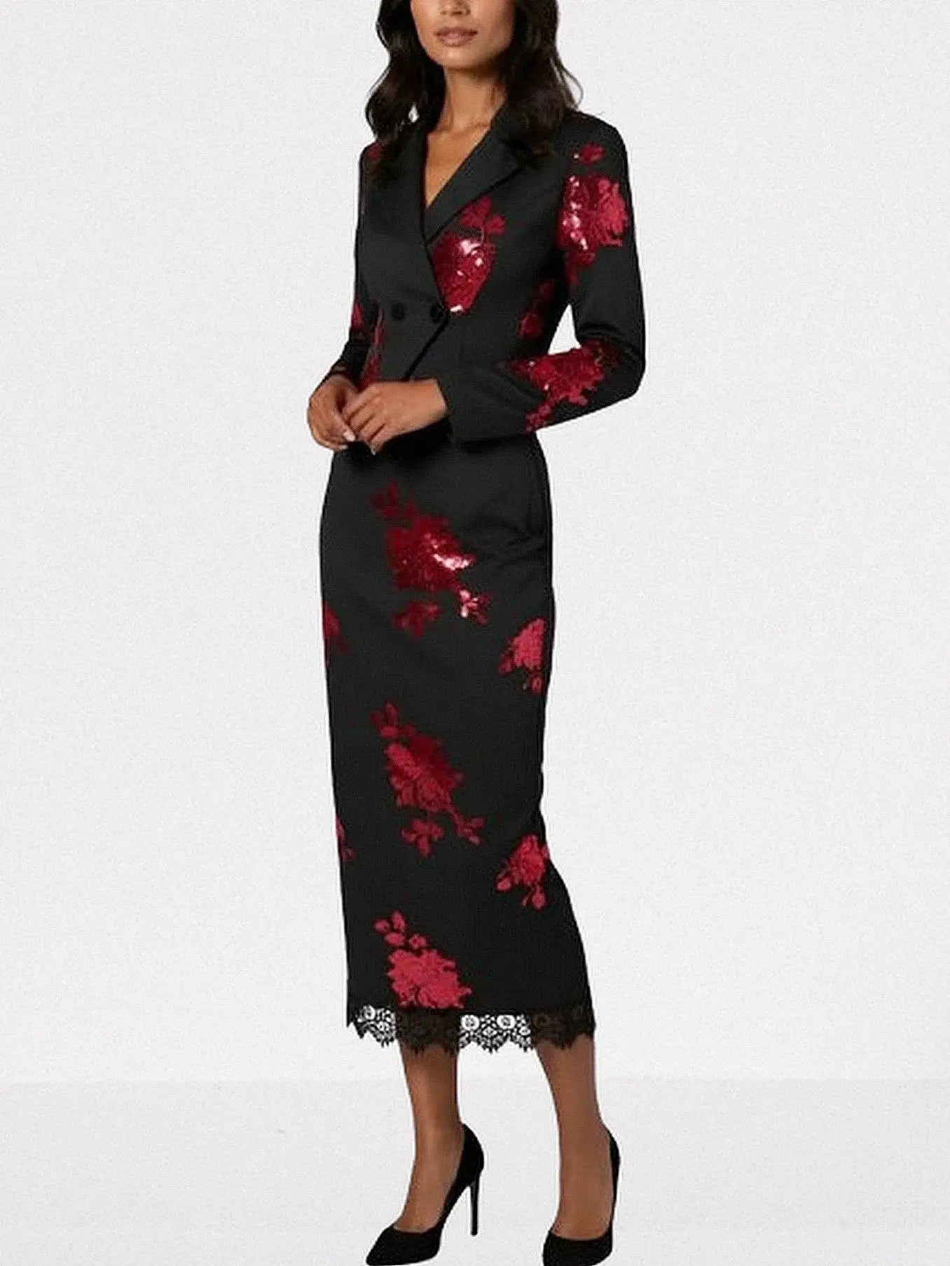 Sequin-Embellished Black Cropped Blazer and Skirt Set - Suits & Sets