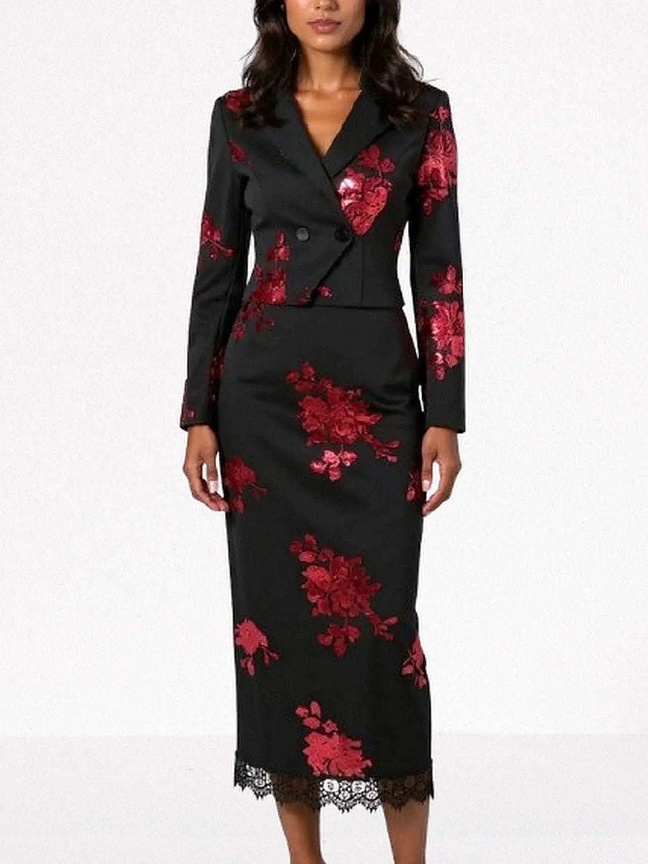 Sequin-Embellished Black Cropped Blazer and Skirt Set - Small - Suits & Sets