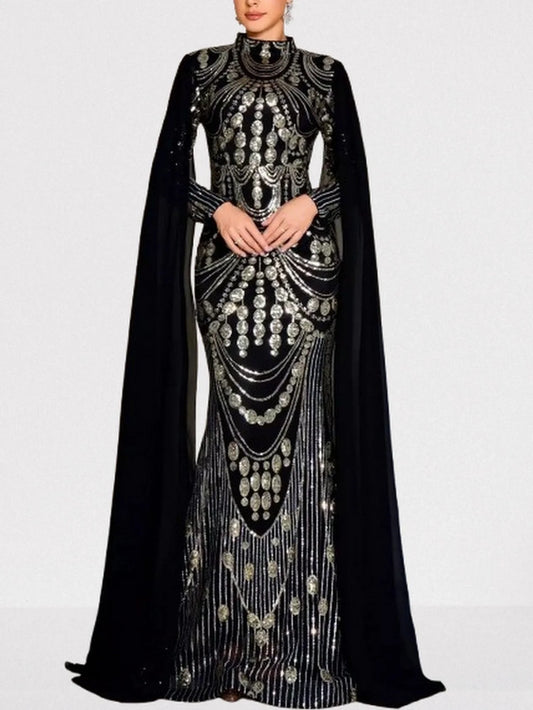 Sequin Embellished Black Gown with Flowing Cape Dresses
