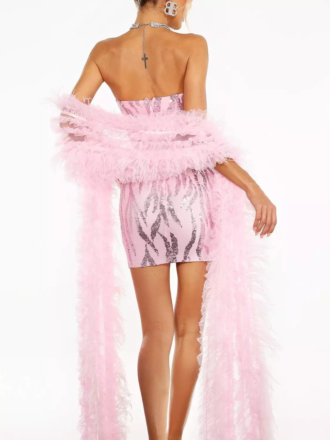 Sequin-Embellished Mesh Corset Bustier Dress with Feather Scarf