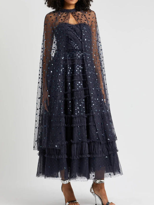 Sequin-Embellished Strapless Dress and Cape Set - Dresses