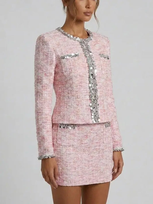 Sequin-Trim Knit Cardigan Jacket and Skirt Set in Pink - Suits & Sets