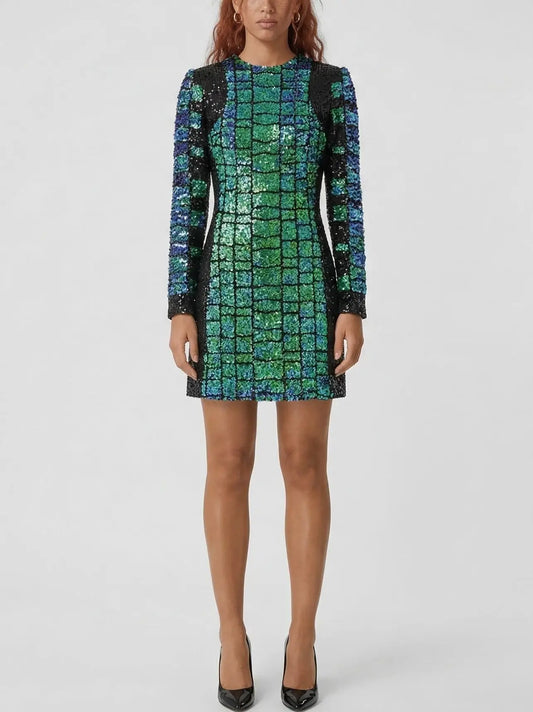 Sequin Crocodile Pattern Long Sleeve Mini Dress - Dresses