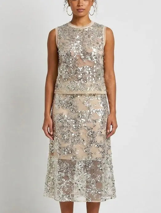 Sequin Embellished Mesh Top and Midi Skirt Set - Suits & Sets