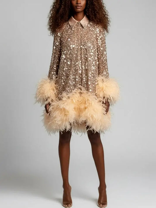 Sequin Feather-Trim Mini Dress - Dresses