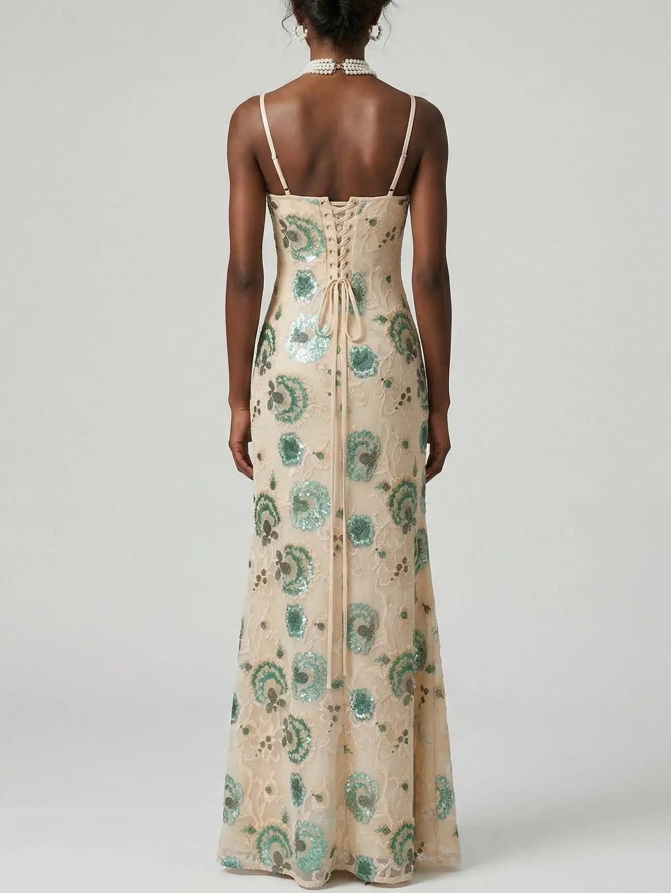 Sequin Floral Embroidered Lace-Up Maxi Dress - Dresses