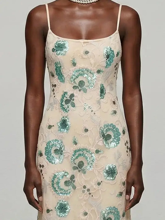 Sequin Floral Embroidered Lace-Up Maxi Dress - Dresses