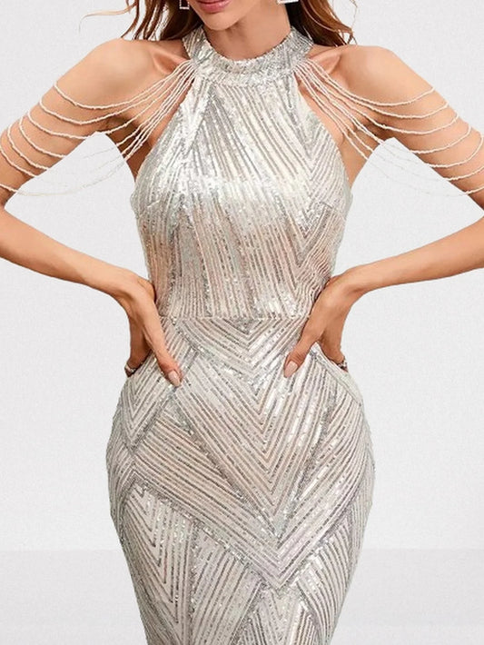 Sequin Halter Gown in Silver with Draped Shoulder Beads - Dresses