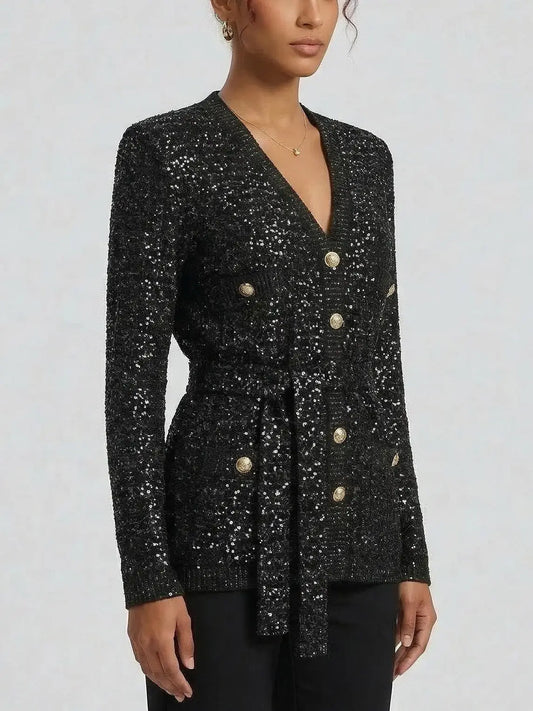 Sequin Knit Belted Cardigan Sweater - Sweaters & Knitwear