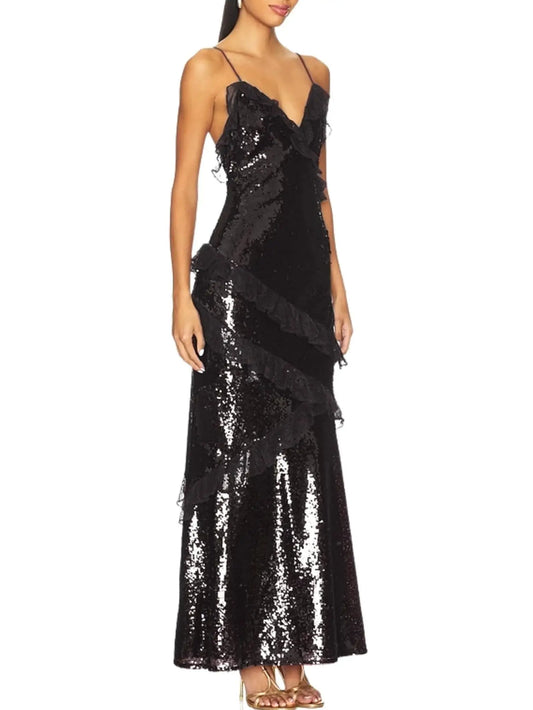 Sequin Maxi Dress with Lace Ruffle Detail - Dresses