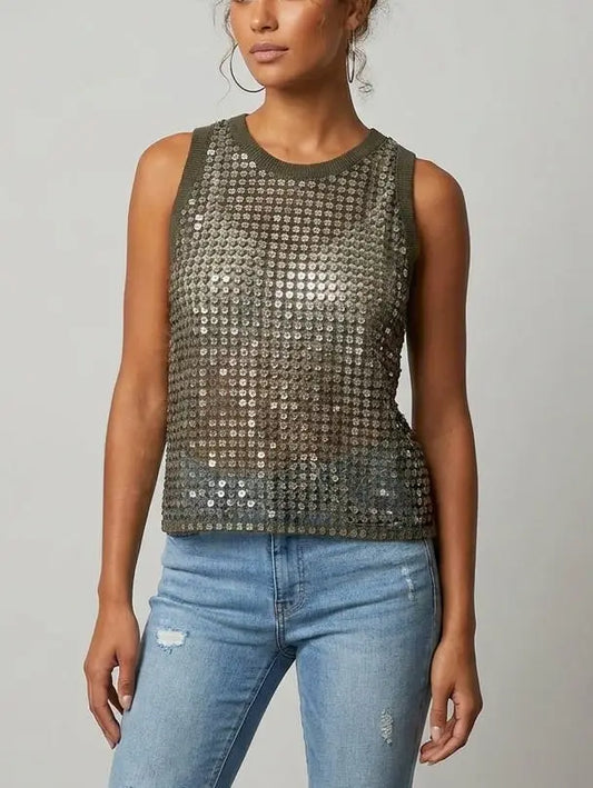 Sequin Open-Knit Tank Top - Tops