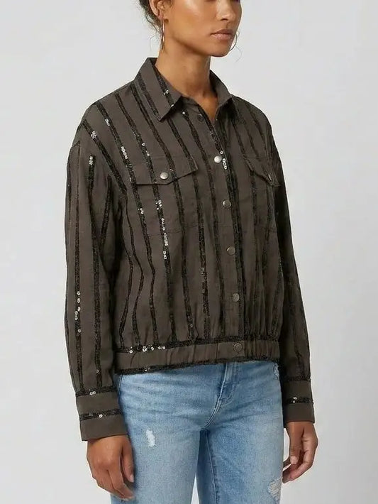 Sequin Stripe Snap Button Utility Shirt - Tops