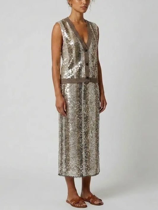 Sequin knit Stripe Vest and Skirt Set - Suits & Sets
