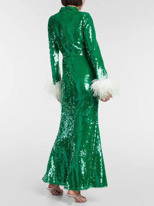 Sequined Feather-Trimmed Gown, Green