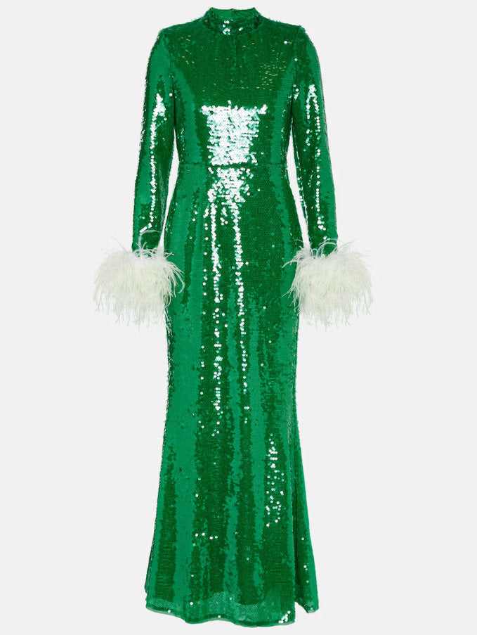 Sequined Feather-Trimmed Gown, Green