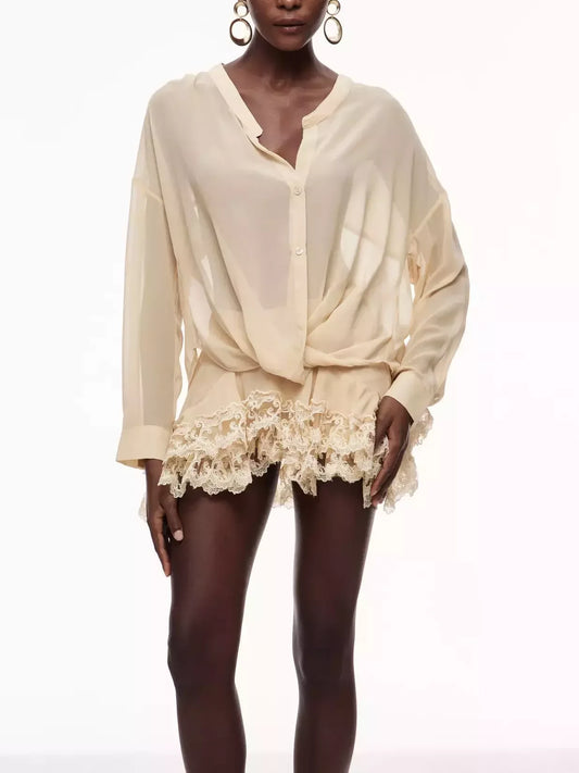 Sheer Blouse and Lace Trim Skirt Set Suits & Sets