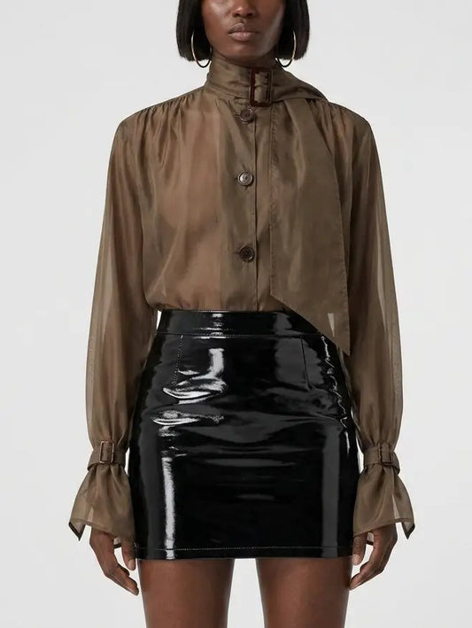 Sheer Buckled Scarf Neck Blouse in Brown - Tops