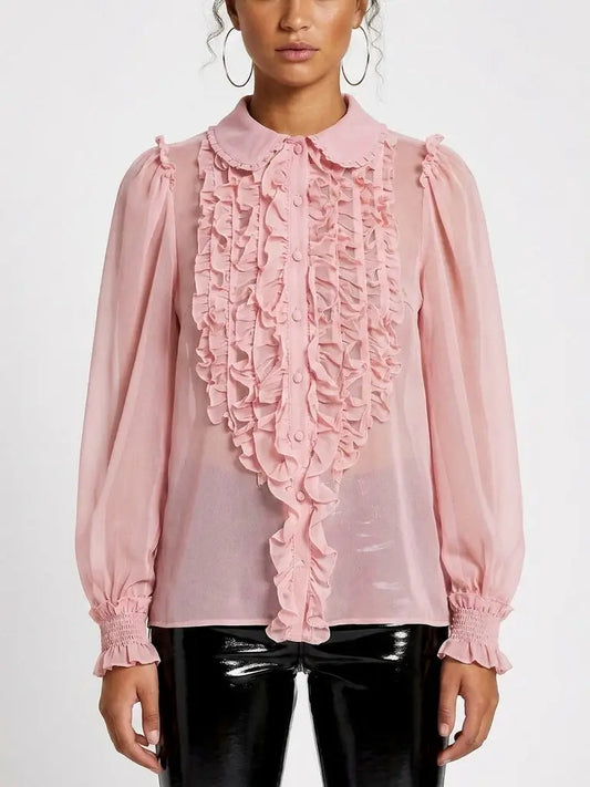 Sheer Silk Ruffle Front Blouse - S / Pink - Tops