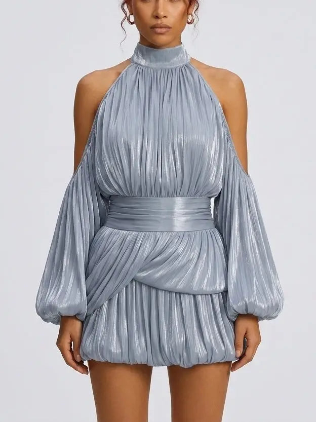 Shimmer Pleated Halter Bubble Mini Dress - Dresses