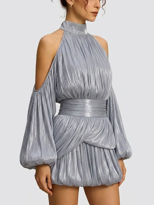 Shimmer Pleated Halter Bubble Mini Dress - Dresses